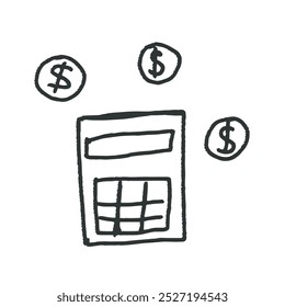 card of business and finance theme with calculator. Hand drawn doodle illustration. Childish naive vector art