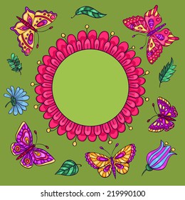 Card with butterflies and flowers. Vector cartoon illustration. For your text.