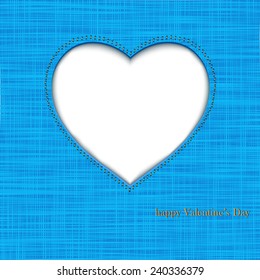 Card by day of Saint Valetin. On blue fabric heart is cut out