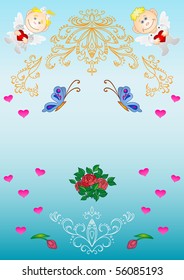Card by a holiday: patterns, flowers, hearts, angels
