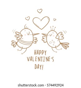 Card by Valentine's Day. Couple in love. Cute cartoon birds. Funny animals. Vector contour  image no fill. Symbol of heart.