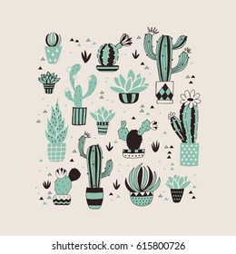 Card with cactus in a flower pot. Vector background 