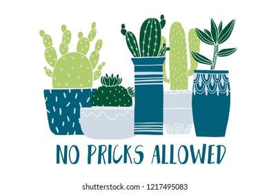 Card cactus pot and succulent in sketch style. Flat drawing element design. Decoration collection plant. Vector illustration.