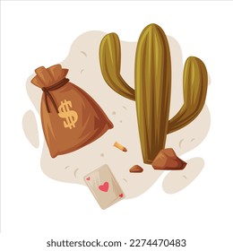 Card, Cactus and Sack with Money as Wild West Object Vector Composition