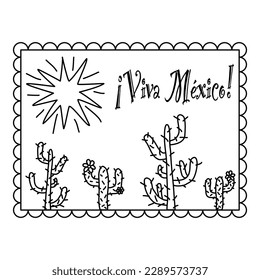 Card with cactus, sun and Viva Mexico text, doodle style flat vector outline for coloring book