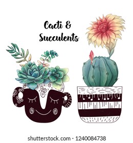 Card with cactuses and succulents set. Plants of desert.