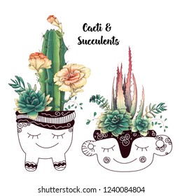 Card with cactuses and succulents set. Plants of desert.