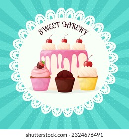 Card with cake and cupcakes. Sweet bakery banner.