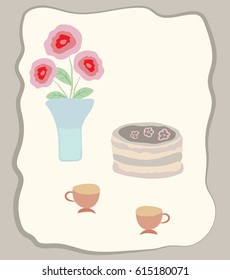 Card with cake, cups and roses. Vector. Drawing hand
