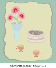 Card with cake, cups and roses. Vector. Drawing hand