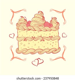 Card with cake decorated by cream. Vector illustration.