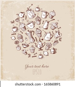 Card with cakes, cupcakes, tea and coffee objects. Vector illustration. 