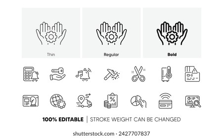 Card, Calculator alarm and Seo analytics line icons. Pack of Refrigerator, Alarm sound, Buying house icon. Pie chart, Delivery, Employee hand pictogram. Seo strategy, Hammer blow, Globe. Vector