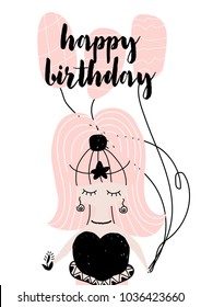 Card with calligraphy lettering happy birthday in scandinavian style with mermaid. Vector illustration isolated on pattern background. Can be used as greeting card, postcard, banner,