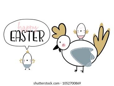 Card with calligraphy lettering happy Easter with nestlings. Vector illustration for Easter holiday