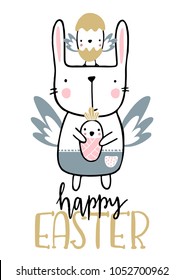 Card with calligraphy lettering happy Easter with angel bunny and newborn nestling. Vector illustration