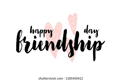 Card with calligraphy lettering Happy friendship day with hearts in scandinavian style. Vector illustration