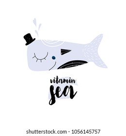 Card with calligraphy lettering vitamin sea. Vector illustration with elegant whale