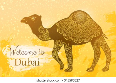 Card with camel and Welcome to Dubai. Animal made in vector. Africa, Turkey, Israel and the United Arab Emirates, India, Egypt. Seamless hand drawn map with camel desert.