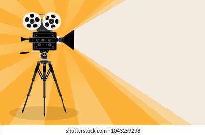 Card with Camera on Tripod and Place for Text. Vector Illustration. Decorative Modern Design for Cinema, Movie, Film, TV, Web, Show.  Ptint Design for Posters, Tickets, Invitations,  Flayers.