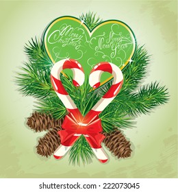 Card with candies in heart shape and fir-tree branches. Hand written text Merry Christmas and Happy New Year - holidays design. 
