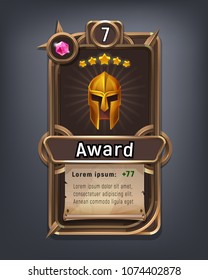 Card of cartoon achievement for game with interface elements. Vector illustration.