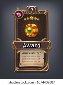 Card of cartoon achievement for game with interface elements. Vector illustration.