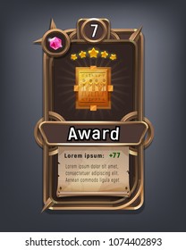 Card of cartoon achievement for game with interface elements. Vector illustration.