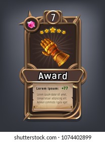 Card of cartoon achievement for game with interface elements. Vector illustration.