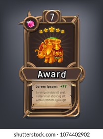 Card of cartoon achievement for game with interface elements. Vector illustration.