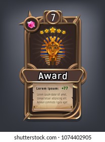 Card of cartoon achievement for game with interface elements. Vector illustration.