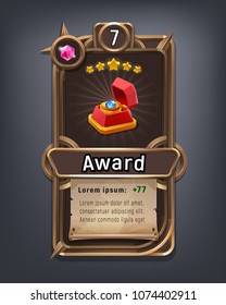 Card of cartoon achievement for game with interface elements. Vector illustration.