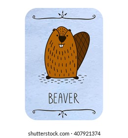 Card with cartoon beaver on watercolor background. Vector and illustration design. 