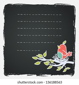 Card with cartoon bird and lines for the text on chalkboard background. Vector illustration.