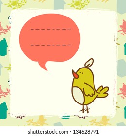 Card with cartoon bird and speech bubble. Vector illustration.