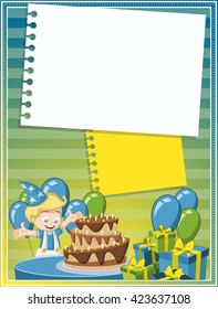 Card with a cartoon blonde boy having fun at birthday party
