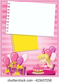 Card with a cartoon blonde girl having fun at birthday party