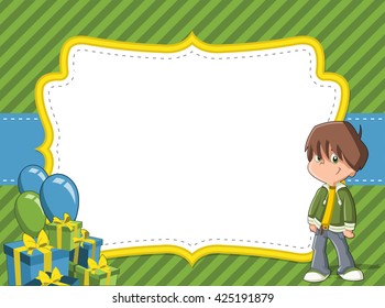 Card with a cartoon boy having fun at birthday party