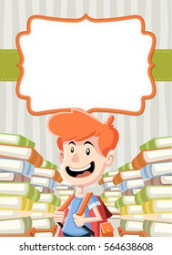 Card with cartoon boy reading books. Student.
