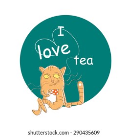 Card with a cartoon cat who loves tea,  sketch, doodle.