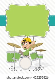 Card with a cartoon children playing rock'n'roll on drums