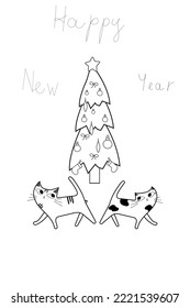 Card . Cartoon cute christmas characters. Black and white style.