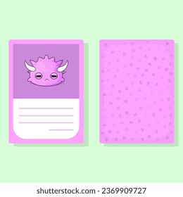 Card Тired Cartoon Cute Monster With Horns with Front and Back and Blank Text Box