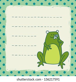 Card with cartoon frog with a flower on polka dot background. Vector illustration.