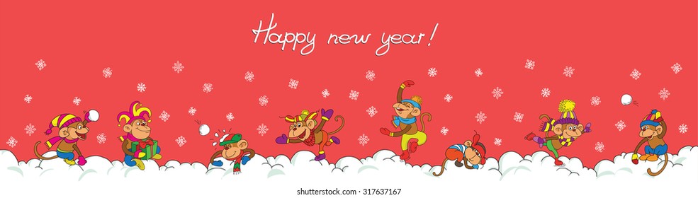 Card. Cartoon. Funny monkeys frolic in the snow. 