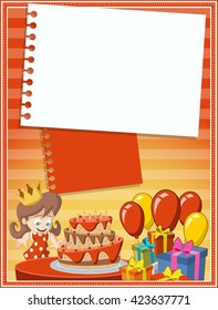 Card with a cartoon girl having fun at birthday party