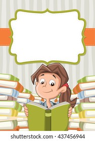 Card With Cartoon Girl Reading Books. Student.

