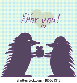 Card with cartoon hedgehogs. Vector.