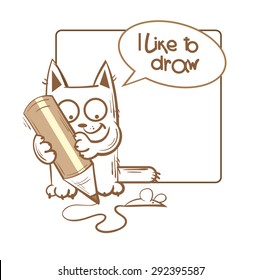 Card with  cartoon kitten who draws  pencil of   little mouse, doodle image,  sketch.