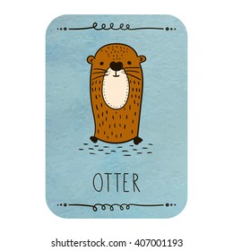 Card with cartoon otter on watercolor background. Vector and illustration design. 